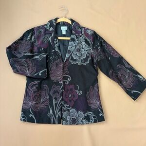 Chicos Floral Jacquard Blazer Jacket Size 1 Medium Artsy Brocade Layering Work